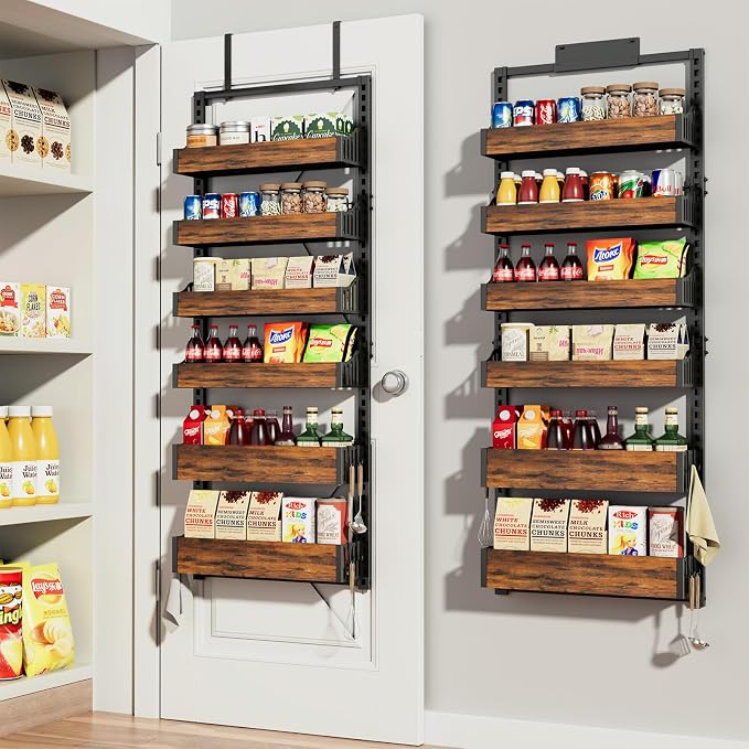 Over the Door Pantry Organizer: Pantry Organization and Storage with Hanging Basket - 6-Tier Adjustable Shelves Metal Spice Rack for Kitchen Laundry Room Bedroom & Bathroom