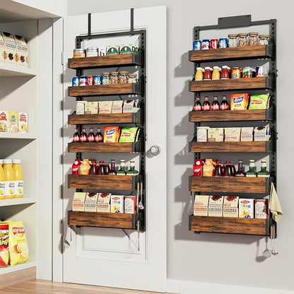 Over the Door Pantry Organizer: Pantry Organization and Storage with Hanging Basket - 6-Tier Adjustable Shelves Metal Spice Rack for Kitchen Laundry Room Bedroom & Bathroom