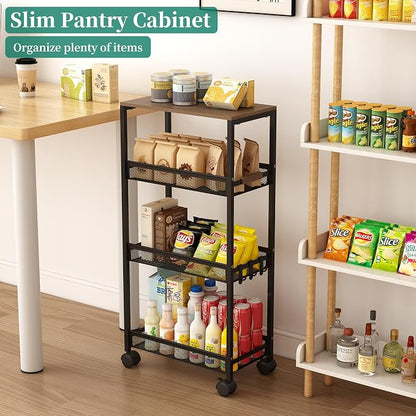 Utility Slim Storage Cart, 4 Tier Rolling Cart with Wheels, Laundry Shelves with Wood Top, Narrow Cabinet for Bathroom Organization, Small Organizer for Kitchen, Office and Dorm (Black, 9.1'')