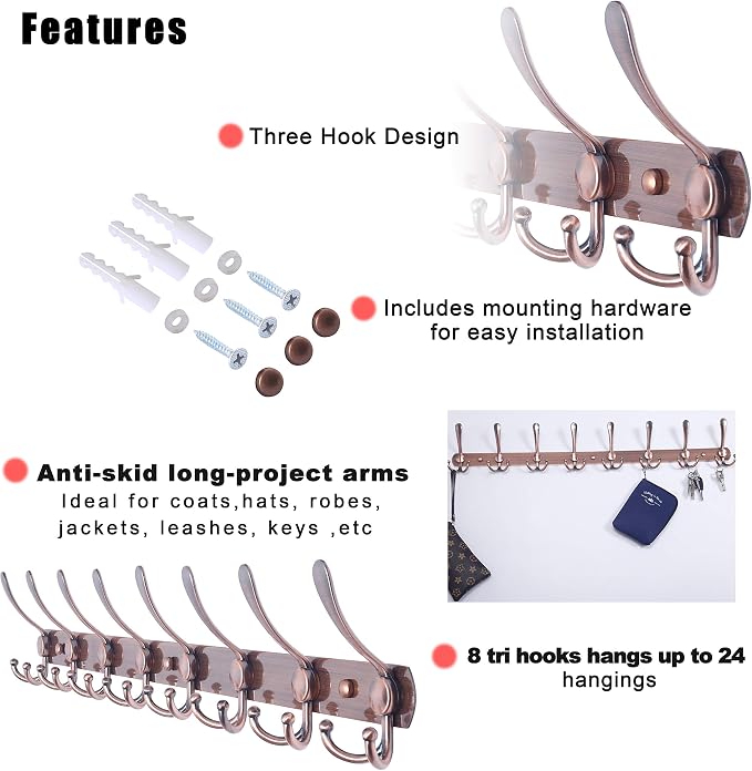 Dseap Coat Rack Wall Mount - 29.5” Long 8-Tri-Hooks Heavy Duty Coat Hanger Rail Wall Hooks for Hanging Coats Hats Clothing Clothes Purse Mudroom Entryway, Pack of 2