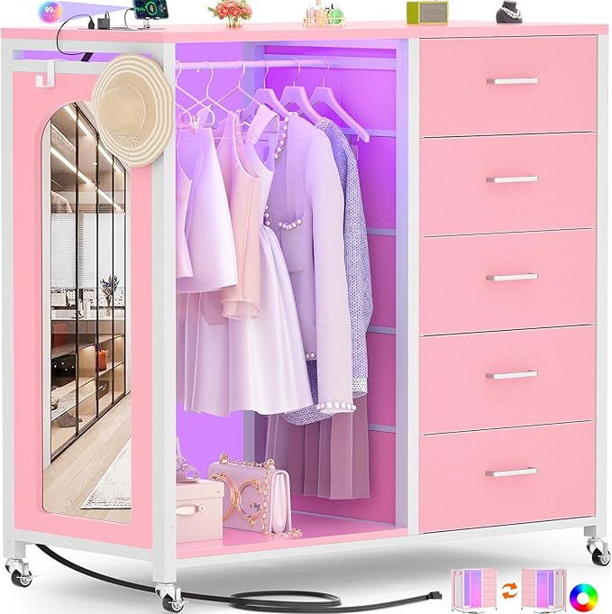 Cyclysio Dresser for Bedroom with Clothes Rack & Mirror, 5 Fabric Drawers Dresser with Charging Station & LED Lights, Rolling Chest of Drawers with Wheels, Full Length Mirror, Wooden Top, Closet