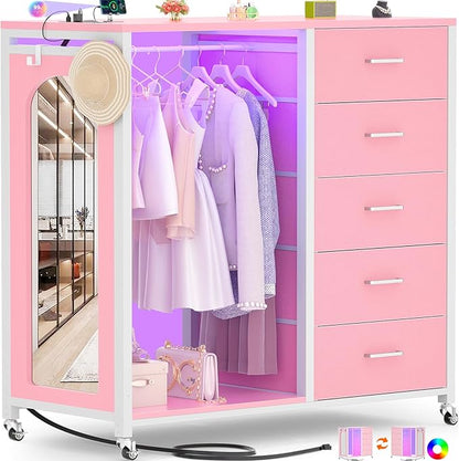 Cyclysio Dresser for Bedroom with Clothes Rack & Mirror, 5 Fabric Drawers Dresser with Charging Station & LED Lights, Rolling Chest of Drawers with Wheels, Full Length Mirror, Wooden Top, Closet