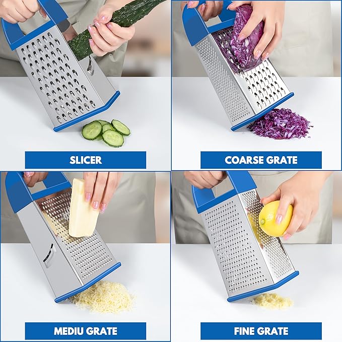 Urbanstrive Cheese Grater With Container, Professional Cheese Grater with Handle, Stainless Steel Graters for Kitchen Handheld, Box Grater with 4 Sides for Vegetables, Ginger, Potatoes (Dark Blue)