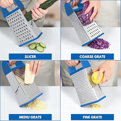 Urbanstrive Cheese Grater With Container, Professional Cheese Grater with Handle, Stainless Steel Graters for Kitchen Handheld, Box Grater with 4 Sides for Vegetables, Ginger, Potatoes (Dark Blue)