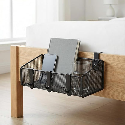 JDYOOMI Bedside Caddy Shelf Hanging Storage Basket for Bunk Bed, Office Cubical Walls, Baby Rails, College Dorm Organizer - 5 Pairs Sized Hooks for Phone, Glass, Magazine, Decor (Black)
