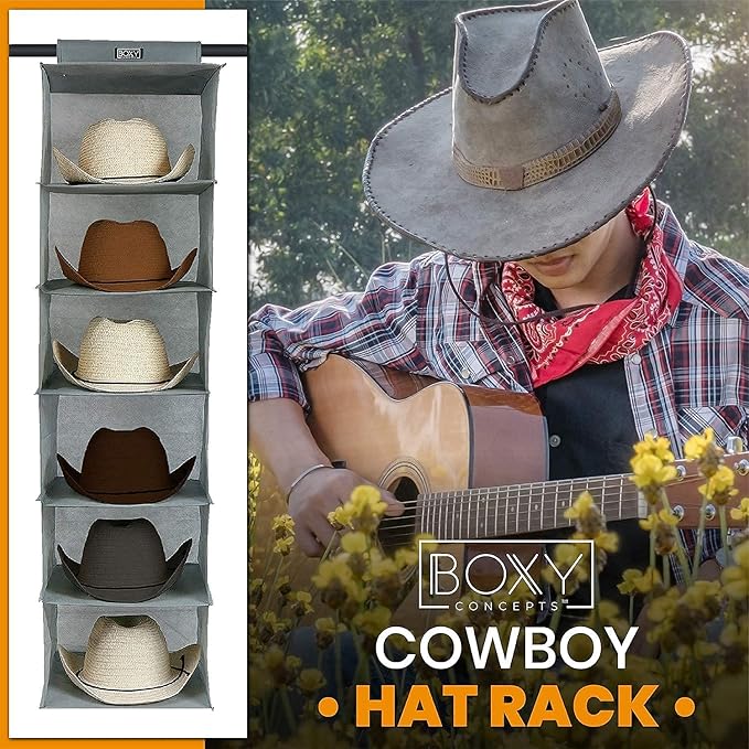 Boxy Concepts 6-Shelf Cowboy Hat Organizer Rack - 13in Wide X-Large Grey - Hat Rack for Wall Mount Hook & Loop - Soft Fabric Preserve Shape - Baseball Cap Organizer