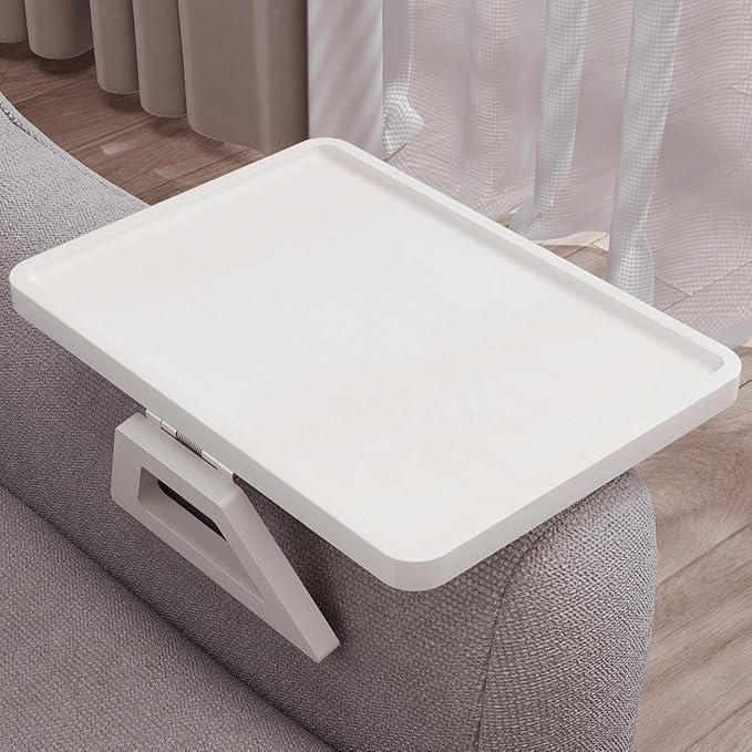 Couch Arm Tray,Bamboo Folding Sofa Tray,Sofa Armrest Trays Clip-On Couch Desk for Drinks,Snacks,Phone,Remote Control（White）