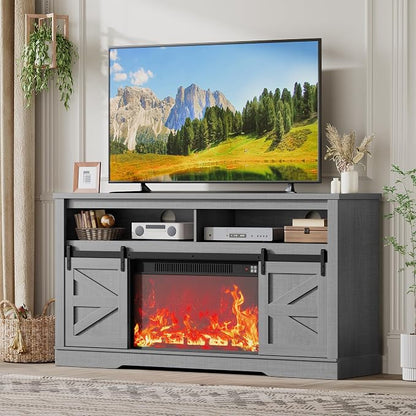JUMMICO Fireplace TV Stand for 65+ Inch TV with 26'' Fireplace Entertainment Center with Storage Cabinet and Adjustable Shelves Media Console with Sliding Barn Door for Living Room (Pale Gray)