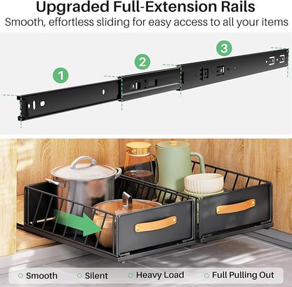 Pull out Cabinet Organizer,Heavy Duty Slide out Pantry Shelves Drawer Storage with Adhesive Nano Film,Sliding Mesh Cabinet Basket with Handle for Kitchen, Bathroom, Home, 9.8"W X 15.7"D X 6.2"H,Black