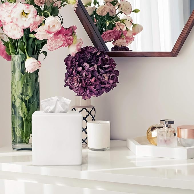 bUnusual White Tissue Box Cover - Modern Tissue Holder, Lacquer High Gloss Finish & Rounded Edges - Cube Square Box. Bathroom, Desks, Kitchen Countertop, Dressers - Wont Move When You Pull a Tissue!