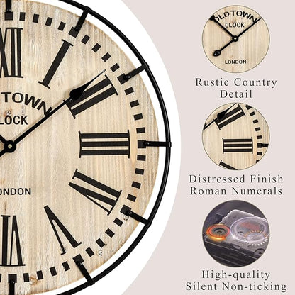 Rustic Farmhouse Wall Clock 24 Inch, Vintage Oldtown London Wooden Large Clock with Silent Tick, for Bedroom, Office, Kitchen, Indoor Home Decoration