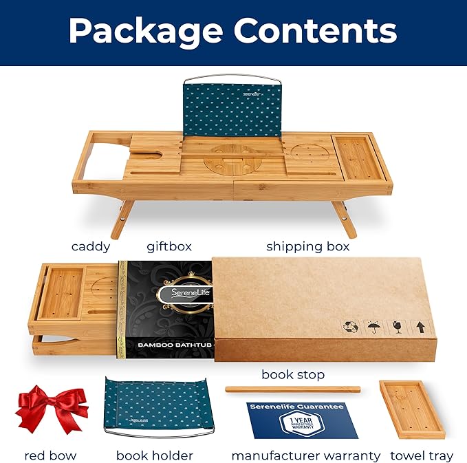 SereneLife 2 in 1 Bed and Bath Tray - Foldable Bamboo Bathtub Caddy with Adjustable Length, Non-Slip, Device Holder, Wine Glass Slot, Expandable for Comfortable Bathing, Natural, 2in1, Folding Set