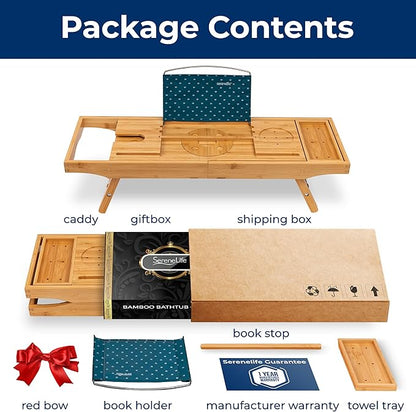 SereneLife 2 in 1 Bed and Bath Tray - Foldable Bamboo Bathtub Caddy with Adjustable Length, Non-Slip, Device Holder, Wine Glass Slot, Expandable for Comfortable Bathing, Natural, 2in1, Folding Set