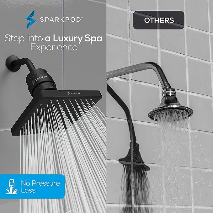 SparkPod 23-Stage Filtered Shower Head, 8" Square, Black Matte | Filtered Shower Head for Hard Water Filter, High Pressure, Reduces Chlorine, Heavy Metals, For Dry Skin & Hair