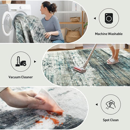 8x10 Area Rugs Washable Rug: Large Modern Abstract Living Room Rug Soft Anti-Skid Thin Carpet Indoor Floor Non-Shedding Carpets for Bedroom Dining Room Farmhouse Nursery Home Office Green Multi