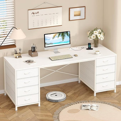 60 Inch Computer Desk with 8 Drawers, Home Office Desk with Power Outlets, Work Study Gaming Desk with 8 Fabric Drawers