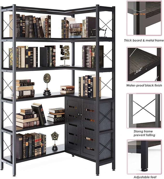 Jartoil Corner Bookshelves and Bookcases Industrial Corner Etagere Bookcase L Shaped Shelf 6 Tiers with Metal Frame for Living Room Home Office
