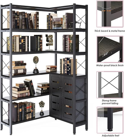 Jartoil Corner Bookshelves and Bookcases Industrial Corner Etagere Bookcase L Shaped Shelf 6 Tiers with Metal Frame for Living Room Home Office