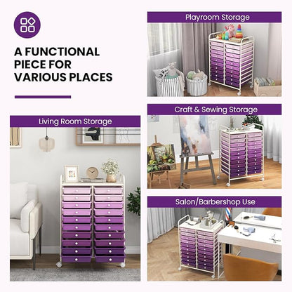 Giantex 20 Drawers Rolling Cart, Mobile Storage Drawer Cart, Classroom Organizer Cart for Office School Supplies Tools Scrapbook Paper Craft Small Printer, Utility Cart on Wheels, Gradient Purple