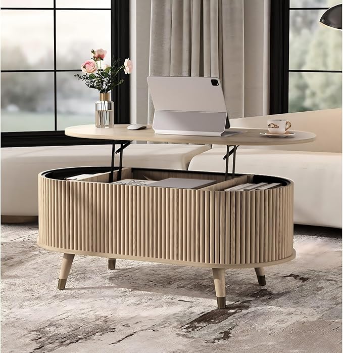 SULIVES Oval Coffee Table with Storage, Multifunctional Coffee Table with Lifting Top, Small Fluted Center Table for Living Room, Oak