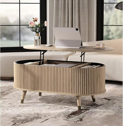 SULIVES Oval Coffee Table with Storage, Multifunctional Coffee Table with Lifting Top, Small Fluted Center Table for Living Room, Oak