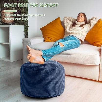 HIGOGOGO Round Stuffed Pouf Ottoman, Corduroy Poufs with Foam Chunk Filling, Furry and Fluffy Pouf Foot Stool Storage Ottoman, 26 X 18 Floor Poufs Foot Rest for Living Room, Bluestone