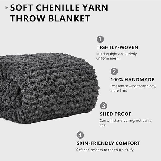 L'AGRATY Chunky Knit Blanket Throw - Soft Chunky Throw Blanket 50x60: 100% Hand Kintted Chenile Crochet Throw Blankets for Couch - Large Cable Knit Blankets for Home Decor(Dark Grey)