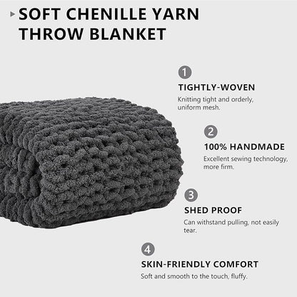L'AGRATY Chunky Knit Blanket Throw: 60''x80'' Chenille Chunky Knitted Throw Blankets for Twin Bed Couch - Handmade Thick Cable Knit Blanket - Large Crochet Rope Blankets for Home Decor(Dark Grey)