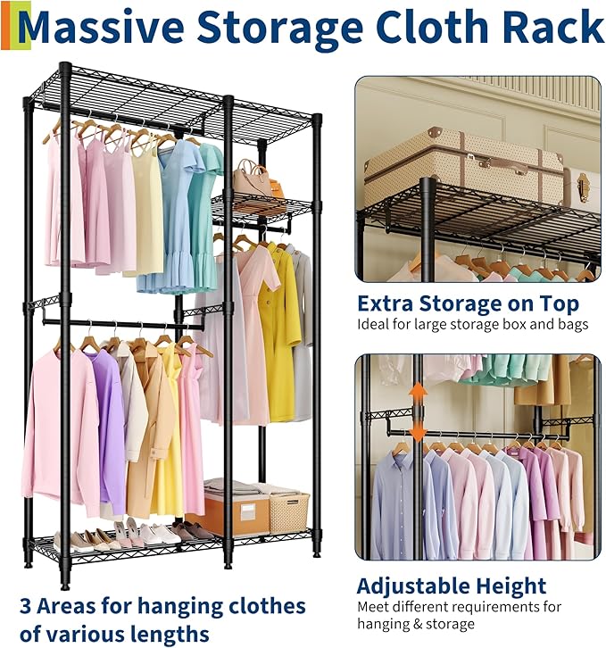 Heavy Duty Clothes Rack, 3-Tier Clothing Rack with Shelves, Freestanding Closet Organizer and Storage System with Hanger Rods for Bedroom & Laundry Room, Metal Garment Racks, Black