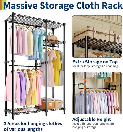Heavy Duty Clothes Rack, 3-Tier Clothing Rack with Shelves, Freestanding Closet Organizer and Storage System with Hanger Rods for Bedroom & Laundry Room, Metal Garment Racks, Black