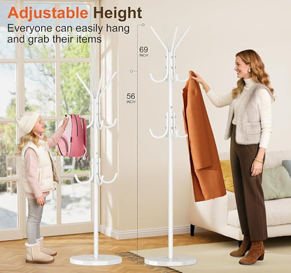MISSLO Heavy Duty Coat Rack Freestanding with Stable Wood Base Modern White Coat Tree with 12 Hooks Adjustable Coats Hanger Stand Stylish Standing Clothes Tree for Entryway Bedroom Corner Hall