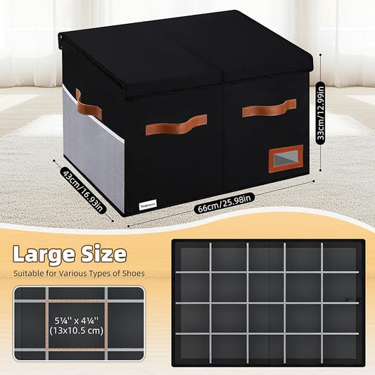 Supowin Shoe Organizer for Closet, Foldable Shoe Storage Bins with Lid & Adjustable Dividers, Fabric Shoe Box Storage Containers with Four Reinforced Handles, Fits 20 Pairs, 1 Pack, Black