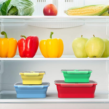 Vremi Silicone Food Storage Containers with BPA Free Airtight Plastic Lids - Set of 4 Small and Large Collapsible Meal Prep Container for Kitchen Lunch Boxes - Microwave and Freezer Safe