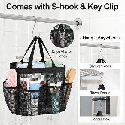 F-color Mesh Shower Caddy Portable - 2 Handles Upgrade Deeper 7 Pockets Basket Bag Tote for College Dorm Room Toiletry Bathroom Essentials Gym Camp Quick Dry with S Hook, 2 Pack, Black & Mint Green