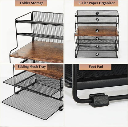 OPNICE 6-Tier Letter Tray Paper Organizer, Desk Organizers and Accessories, Desktop File Organizer, Office Desk Accessories for Office Supplies (Wood Brown)