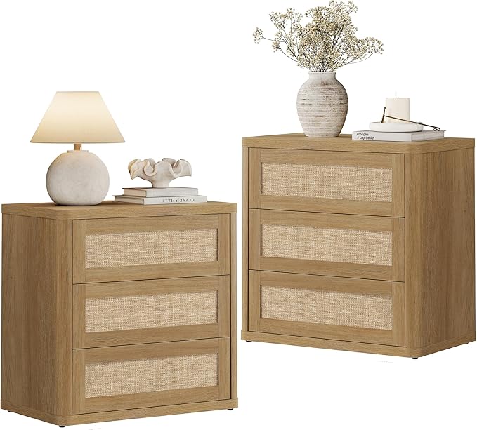 SICOTAS Rattan Night Stand Set 2, 26.8" Wide Oversized Nightstand with 3 Large Drawers, Push-Close & Kid-Safe Curved Edges, Boho Bedside Table End Table for Bedroom Sofa Side Home Office, Amber Oak