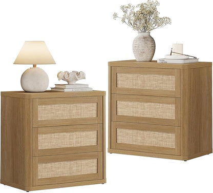 SICOTAS Rattan Night Stand Set 2, 26.8" Wide Oversized Nightstand with 3 Large Drawers, Push-Close & Kid-Safe Curved Edges, Boho Bedside Table End Table for Bedroom Sofa Side Home Office, Amber Oak