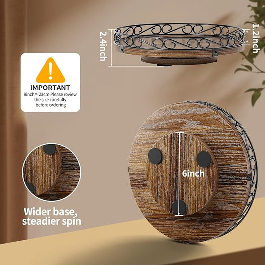9" Lazy Susan Turntable Organizer for Table Top, Round Wooden Lazy Susan for Cabinet, Farmhouse Decorative Tray for Coffee Table, Kitchen Organizer Countertop, Center Piece Decor, Rustic Brown