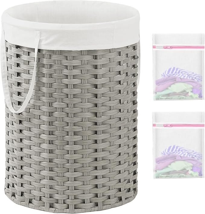 Laundry Basket Round Rattan Laundry Hamper 29.1 Gal(110 L) Handwoven Large Wicker Basket with Handles, Wicker Hamper with Removable Bags and 2 Mesh Bags for Bathroom Living Room Gray(No Lid)