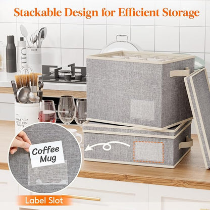 Lifewit 3 Pcs of Mug, Champagne and Wine Glass Storage Box with Dividers, Stackable Cationic Hard Shell Stemware Organizer with 36 Cells, Foldable Dustproof China Containers for Moving, Light Grey