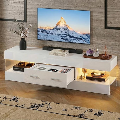 Bestier TV Stand for 55/60/65 Inch TV, High Gloss Modern TV Stand with Stone-Patterned Side Panels, LED Entertainment Center with Large Drawer, TV Consoles for Living Room, Bedroom, Glossy White