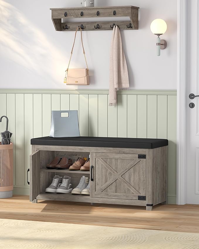 Shoe Storage Bench, 2 Tier Shoe Bench with Padded Seat Cushion & 2 Barn Doors, Entryway Bench with Adjustable Shelf, Farmhouse Shoe Cabinet for Living Room, Bedroom, Greige SB26605BK