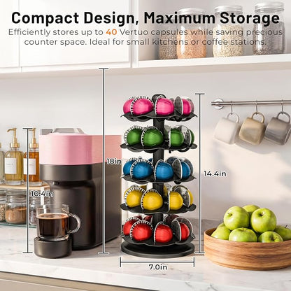 EVERIE Coffee Pod Holder for Vertuo Capsules, 40-Pod Rotating Carousel Organizer, Space-Saving Countertop Display, Smooth Spin & Secure Upright Slots, Fits All Vertuo Sizes (Black)