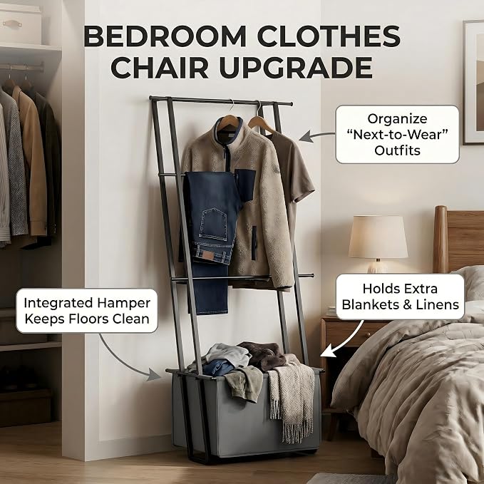 2-in-1 Leaning Blanket Ladder with Storage Basket, Matte Black Metal Towel Rack Stand, Drill-Free Space Saving Organizer for Bathroom & Bedroom Throws, 63"