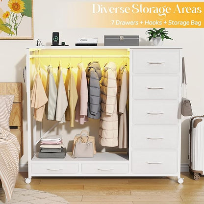 Dresser with Hanging Rack, Dresser for Bedroom with Led Lights and Charging Station, 7 Drawers Storage Chest with Hooks and Clothes Rack, Nursery White