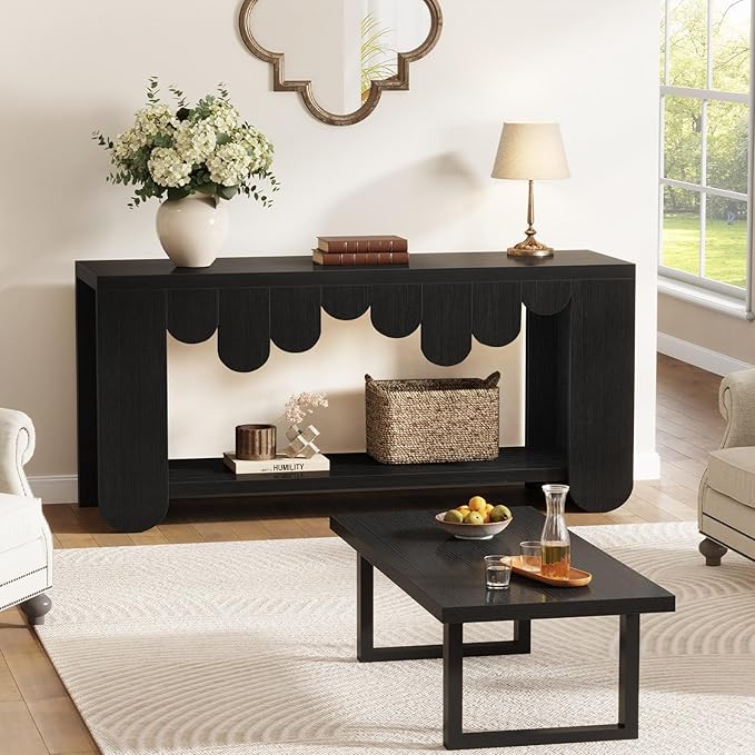 IBF Black Console Table, 63” Long Wood Entryway Table with Storage, 2-Tier Modern Sofa Table Behind Couch for Home Living Room, Rectangular Entry Table for Hallway Entrance Foyer Front Door, Black Oak