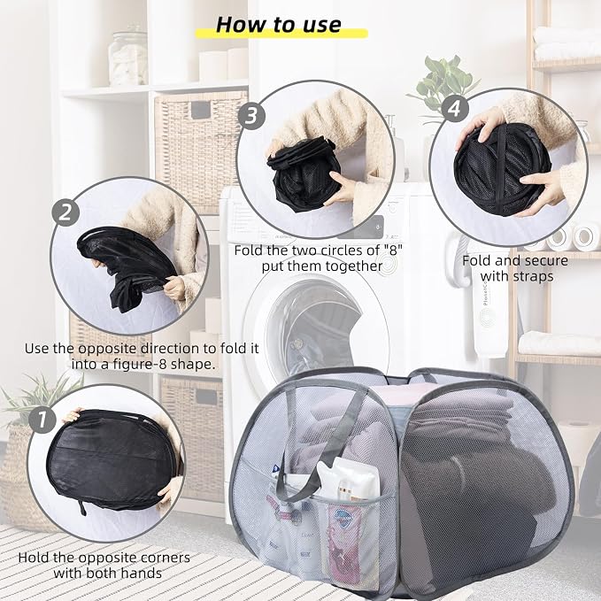 Collapsible Laundry Basket, 90L Foldable Pop-up Laundry Hamper with Handles, Mesh Dirty Clothes Hamper for Laundry, Bathroom, Kids Room, Dorm,Travel or Camping (White, 2PCS)