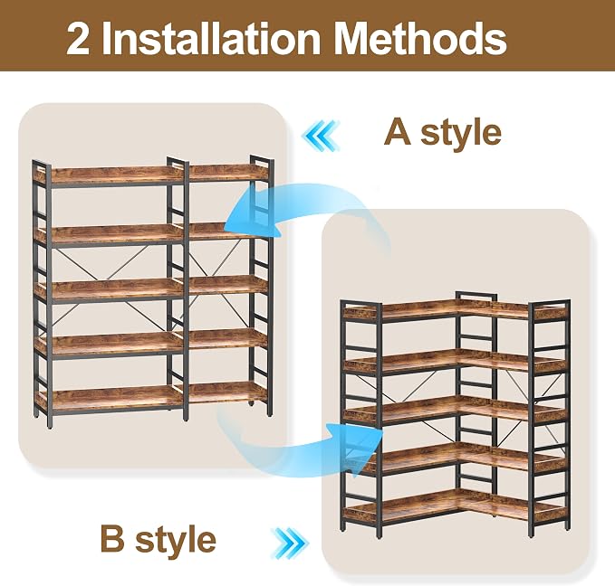 HCHQHS Adjustable Book Shelf with 8 Hooks, Reversible Corner Bookshelf, Industrial Wooden and Metal Bookcase for Living Room, Bedroom, Home Office (Rustic Brown, 5 Tier)