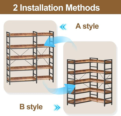 HCHQHS Adjustable Book Shelf with 8 Hooks, Reversible Corner Bookshelf, Industrial Wooden and Metal Bookcase for Living Room, Bedroom, Home Office (Rustic Brown, 5 Tier)