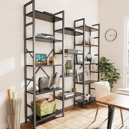 SUPERJARE Triple Bookshelf, Bookcase with 14 Open Display Shelves, Wide Book Shelf Book Case for Home & Office, 5 Tier, Black